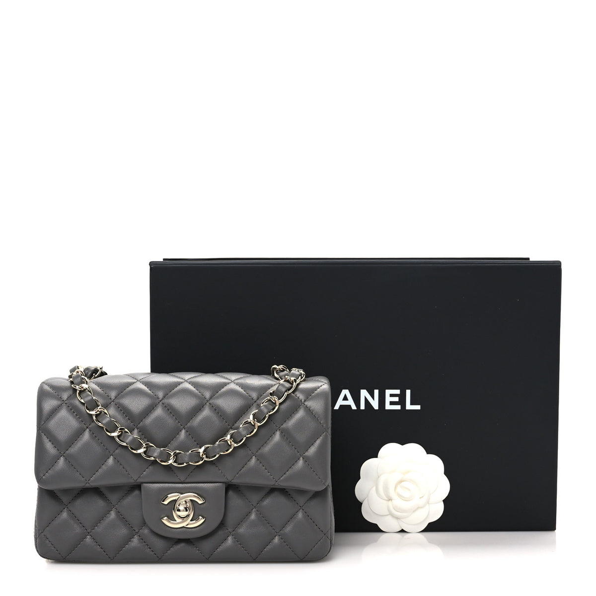 Lambskin Quilted Mini Rectangular Flap Dark Grey