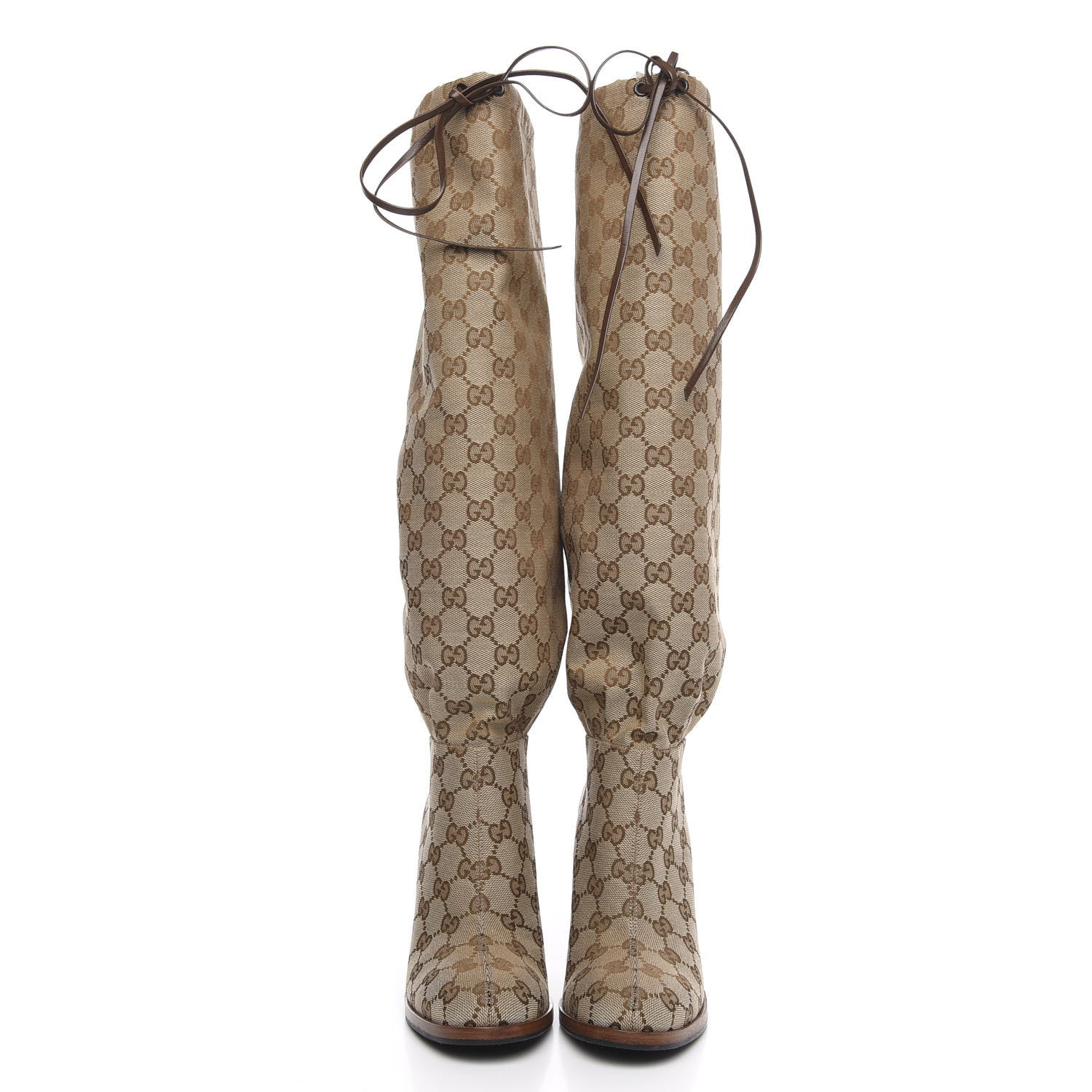 Gucci Monogram Malaga Kid Lisa Mid Heel Boots 37 Beige Ebony 2 of 7