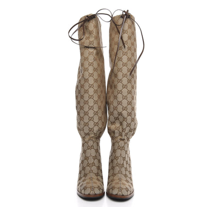 Gucci Monogram Malaga Kid Lisa Mid Heel Boots 37 Beige Ebony 2 of 7