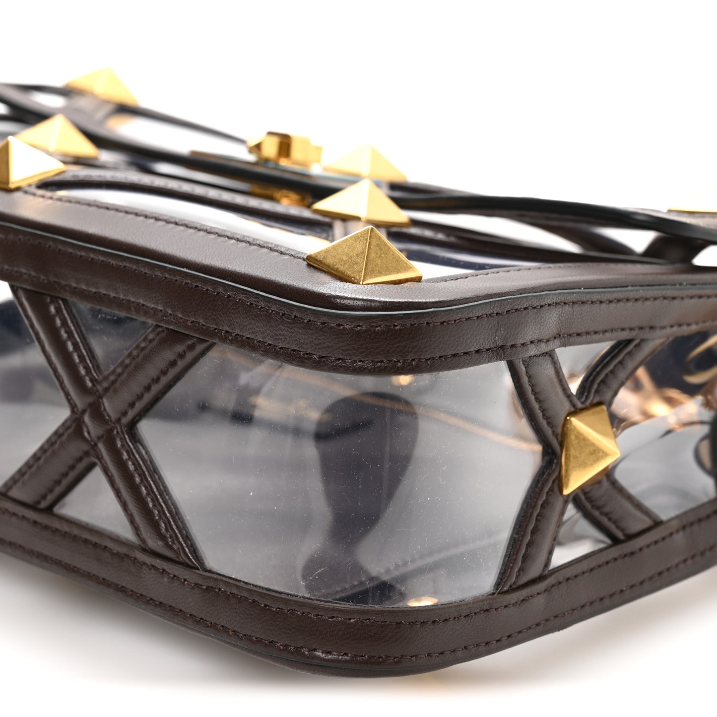 PVC Calfskin Large Roman Stud Shoulder Bag Transparent Dark Brown
