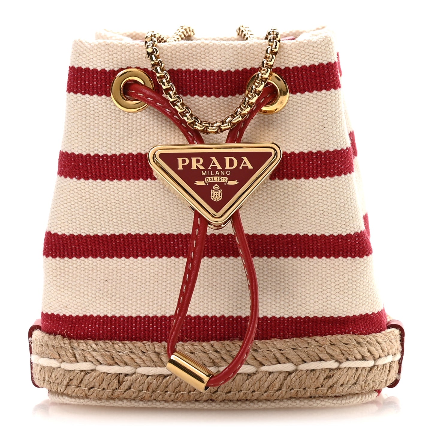 Canvas Stripe Metal Triangle Logo Mini Drawcord Pouch Shoulder Bag Avorio Rosso