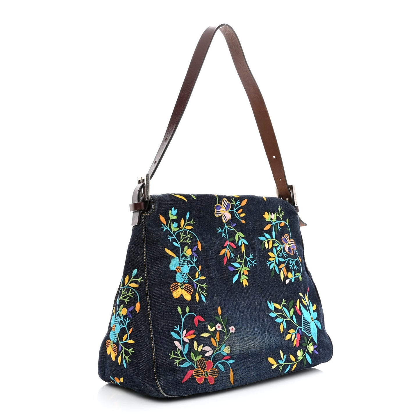 Denim Flower Embroidered Mama Baguette Blue