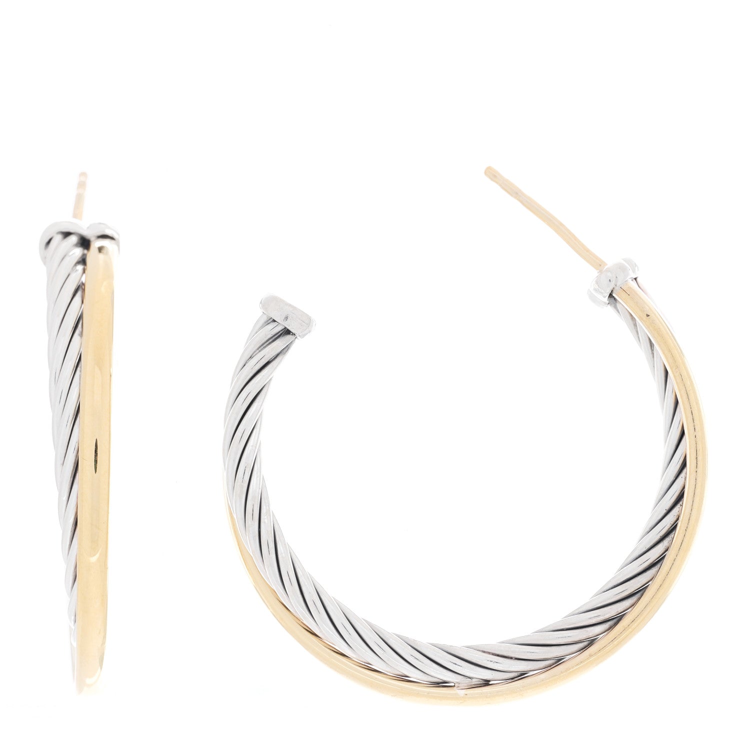 David Yurman Sterling Silver 18K Yellow Gold 31mm Crossover Cable Hoop Earrings 1 of 4