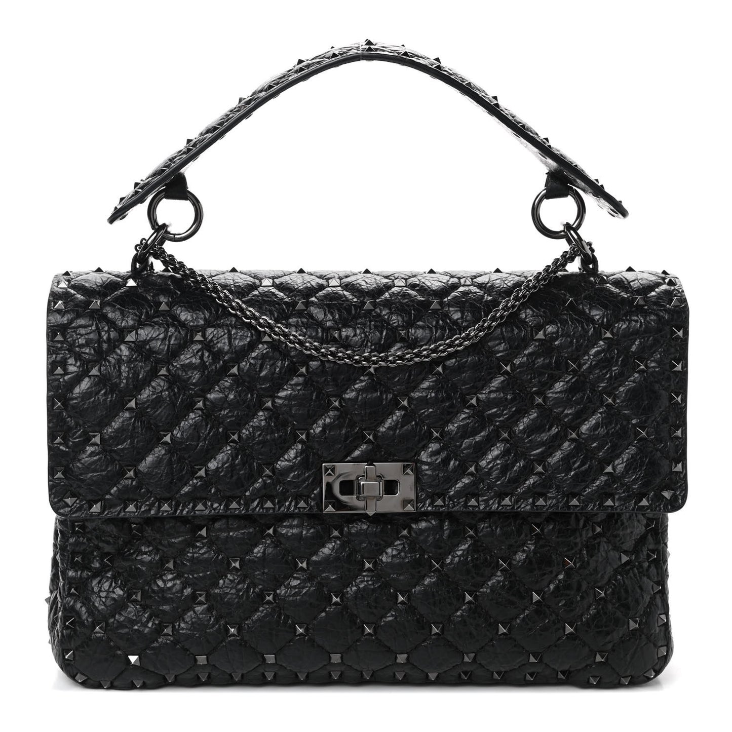 Craquele Nappa Large Rockstud Spike Shoulder Bag Black