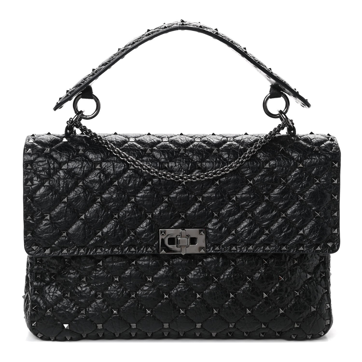 Valentino Garavani Craquele Nappa Large Rockstud Spike Shoulder Bag Black 1 of 9