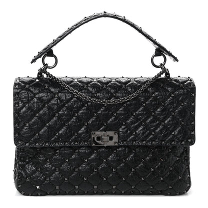 Valentino Garavani Craquele Nappa Large Rockstud Spike Shoulder Bag Black 1 of 9