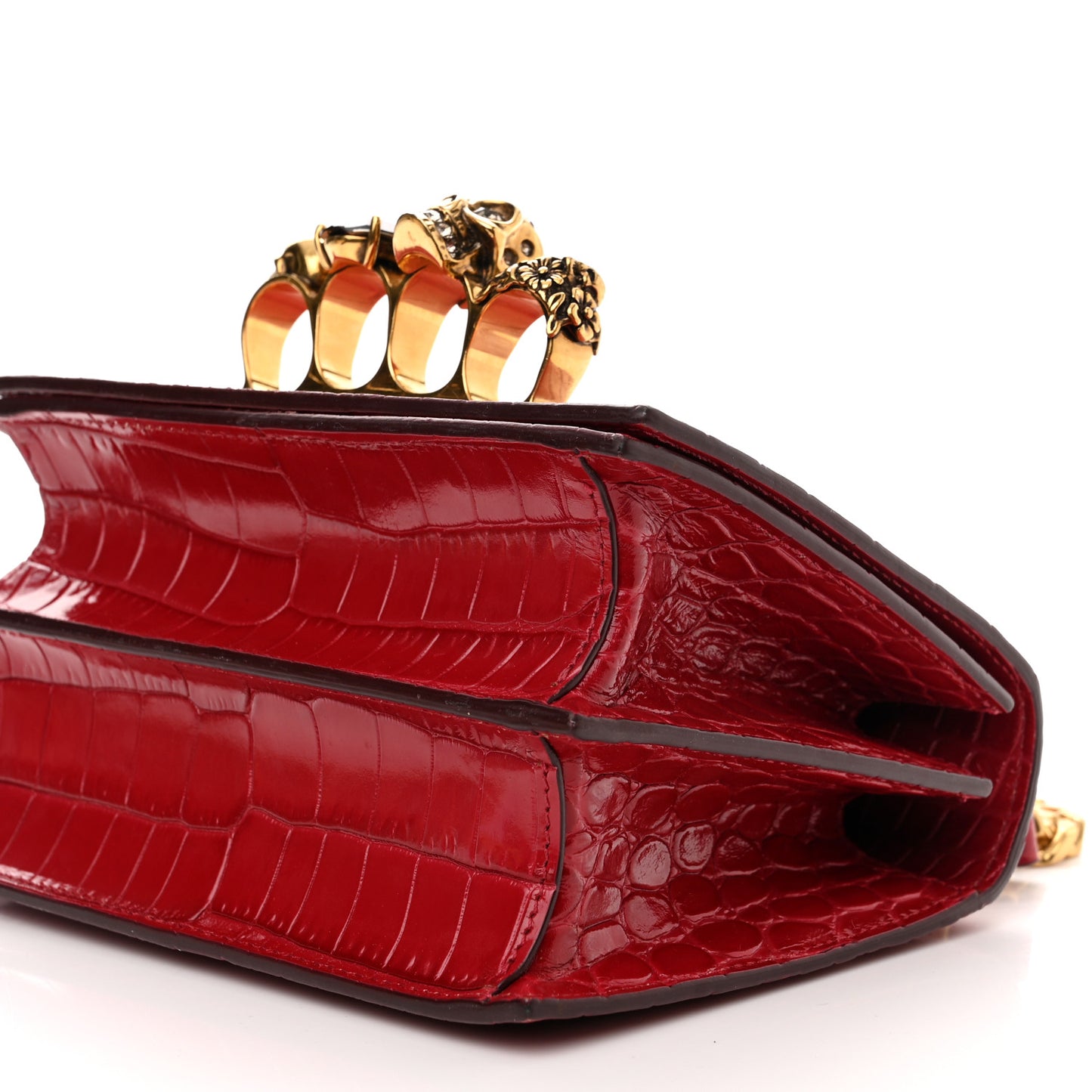 Calfskin Crocodile Embossed Jeweled Shoulder Bag Deep Red