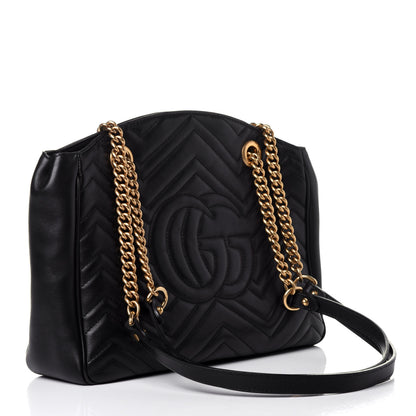 Gucci Calfskin Matelasse Medium GG Marmont Open Top Shoulder Bag Black 2 of 11
