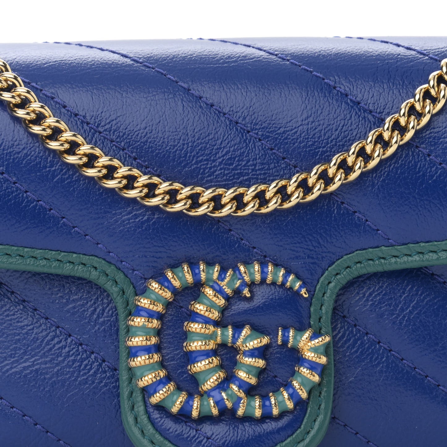 Azalea Calfskin Enamel Matelasse Diagonal Super Mini Torchon GG Marmont Shoulder Bag Imperial Blue Pavone