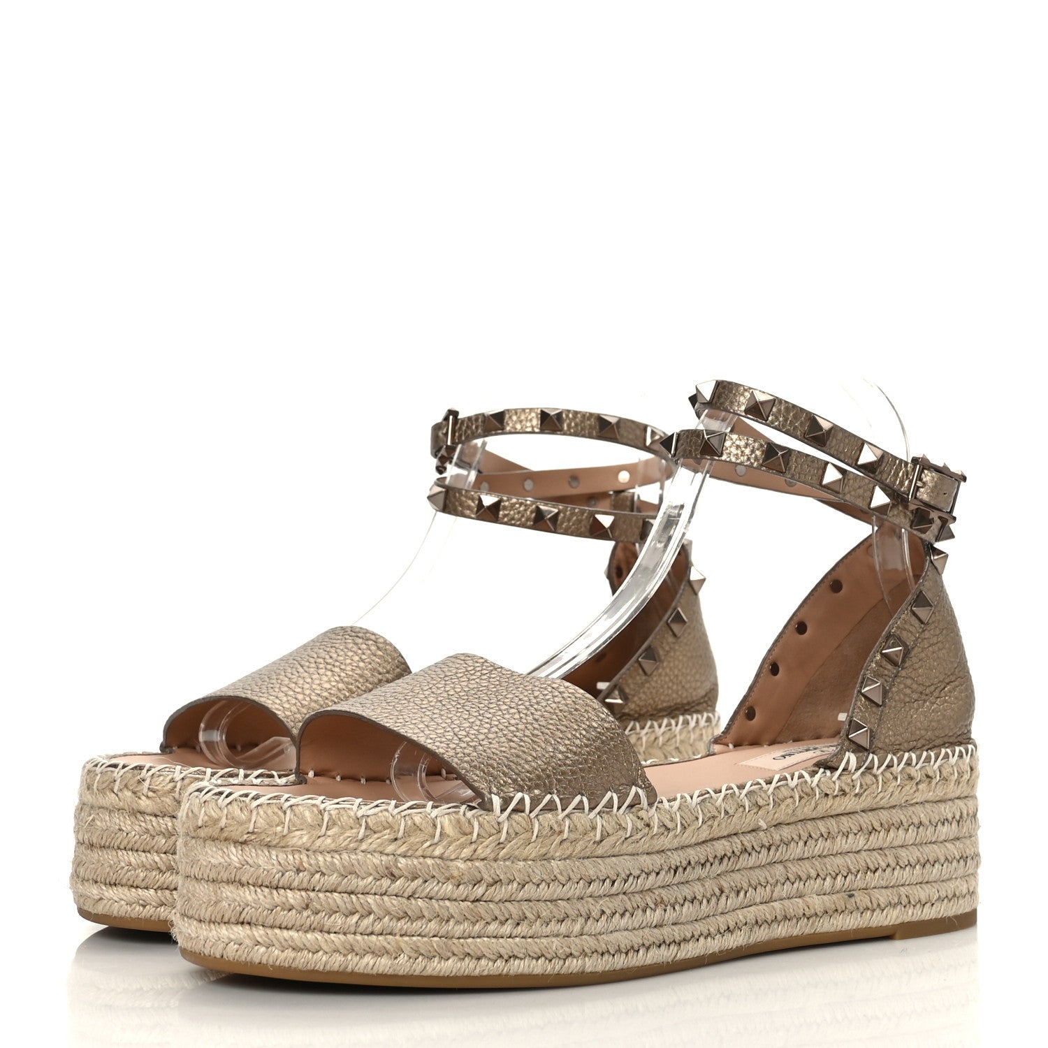 Valentino Garavani Metallic Grained Calfskin Rockstud Ankle Wrap Espadrille Flatform Sandals 40 Skin Natural 3 of 8