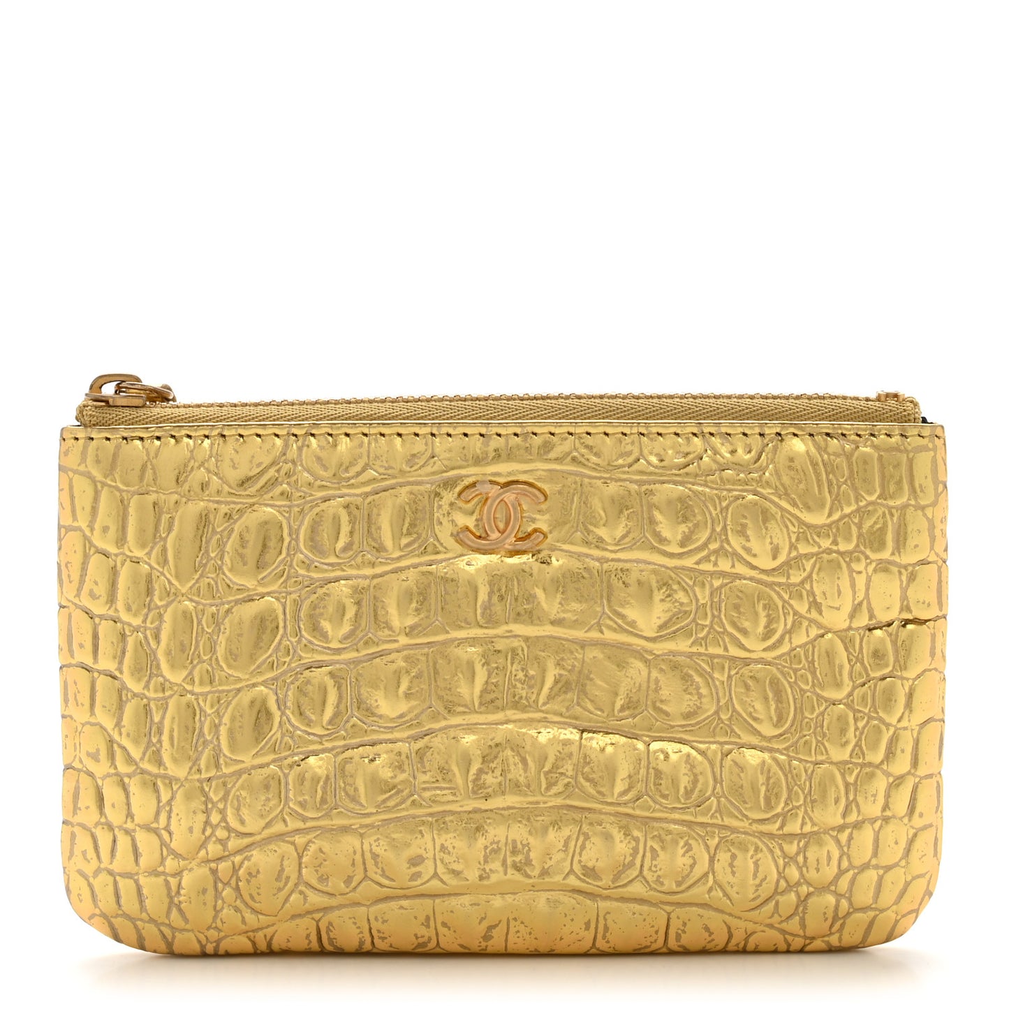 Metallic Calfskin Crocodile Embossed Cocodile Small Cosmetic Case Gold