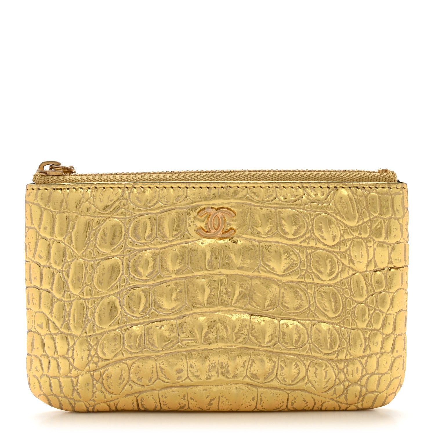 Chanel Metallic Calfskin Crocodile Embossed Cocodile Small Cosmetic Case Gold 1 of 8