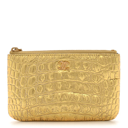 Chanel Metallic Calfskin Crocodile Embossed Cocodile Small Cosmetic Case Gold 1 of 8