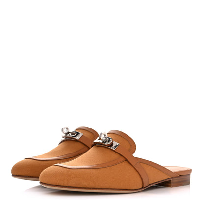 Hermes Cotton Canvas Calfskin Oz Mules 38 Naturel Beige Dore 3 of 9