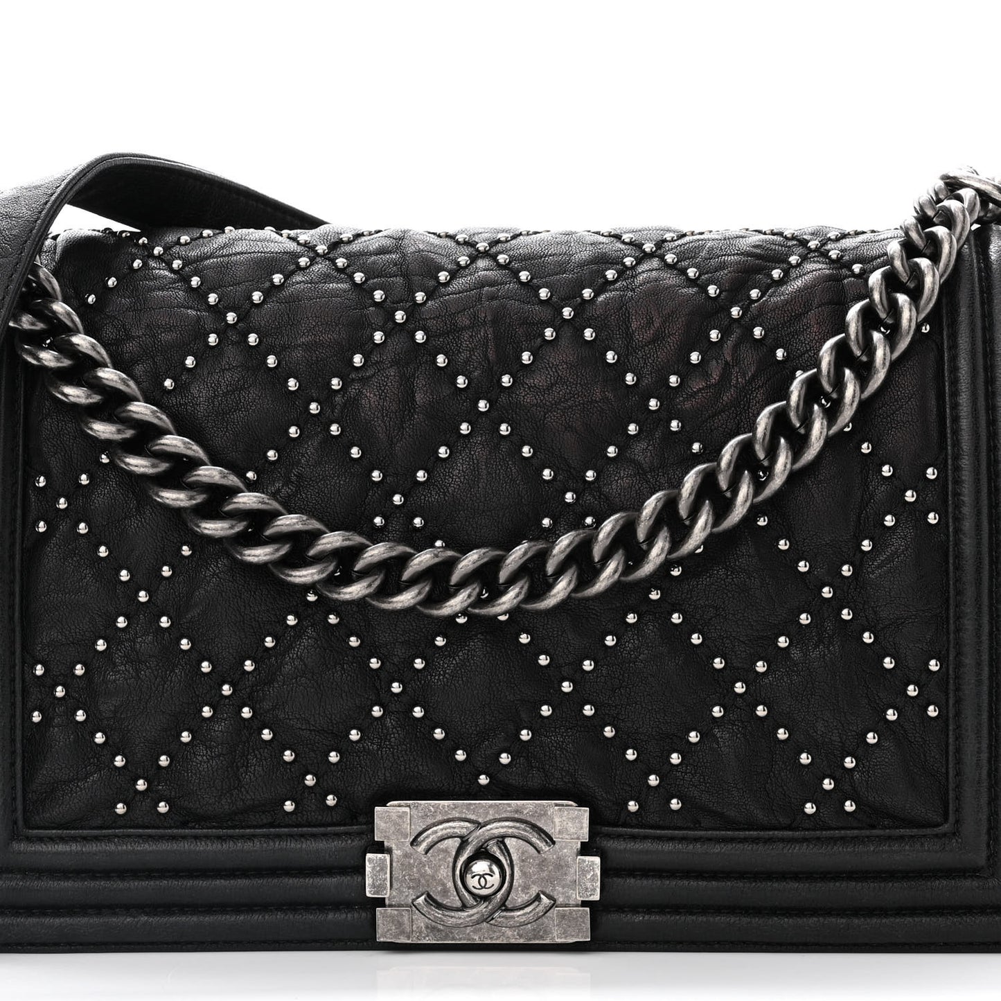 Crumpled Lambskin New Medium Studded Boy Flap Black