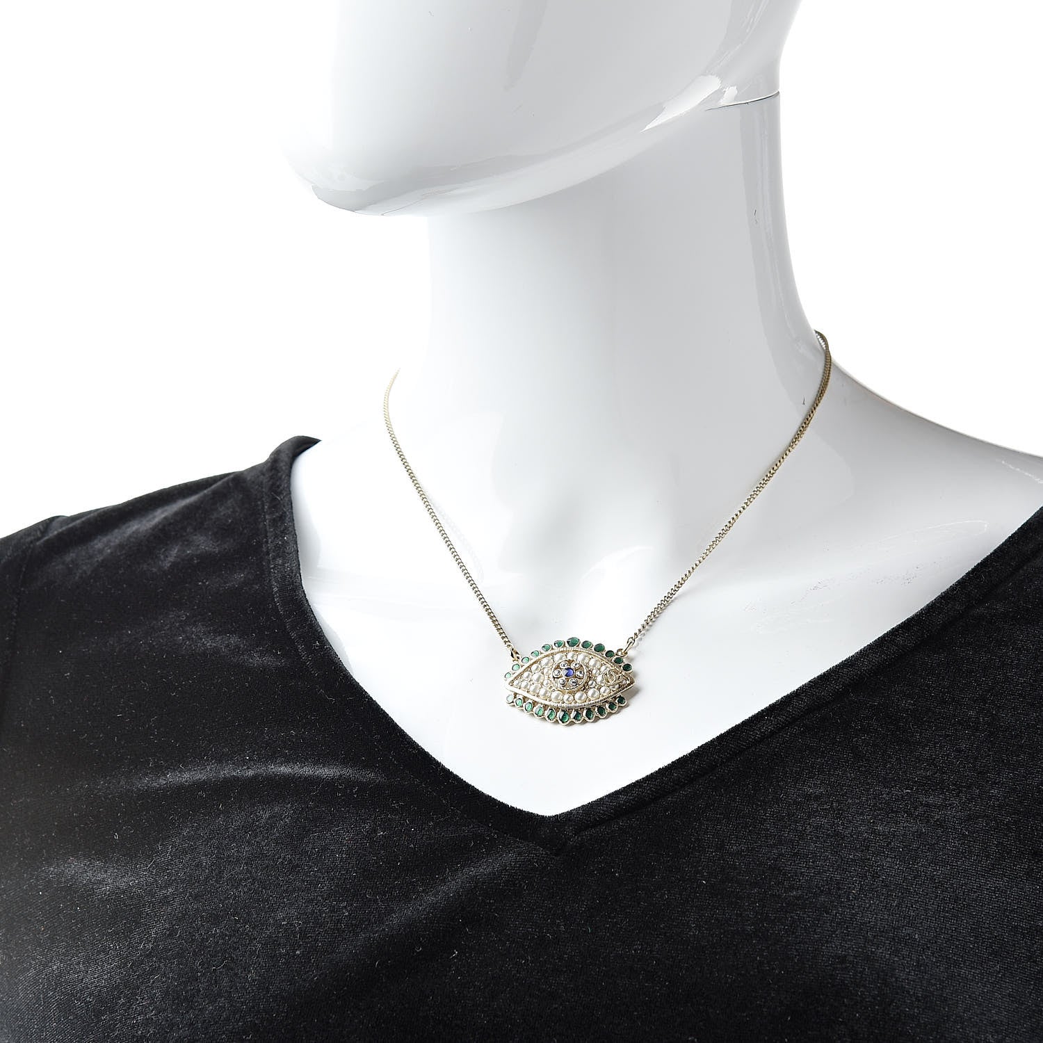 Chanel Resin Crystal Glass Pearl Eye Pendant Necklace Gold Multicolor 2 of 5