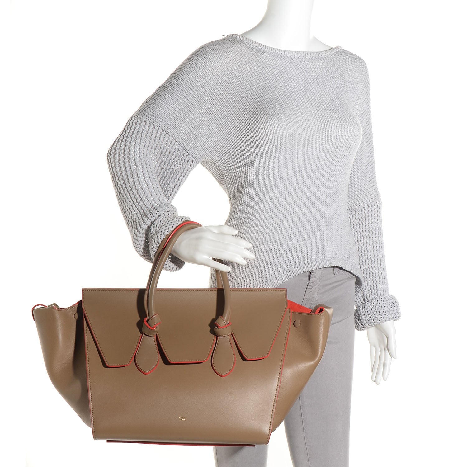 Celine Natural Calfskin Large Tie Knot Tote Dark Beige w Orange Trim 2 of 9