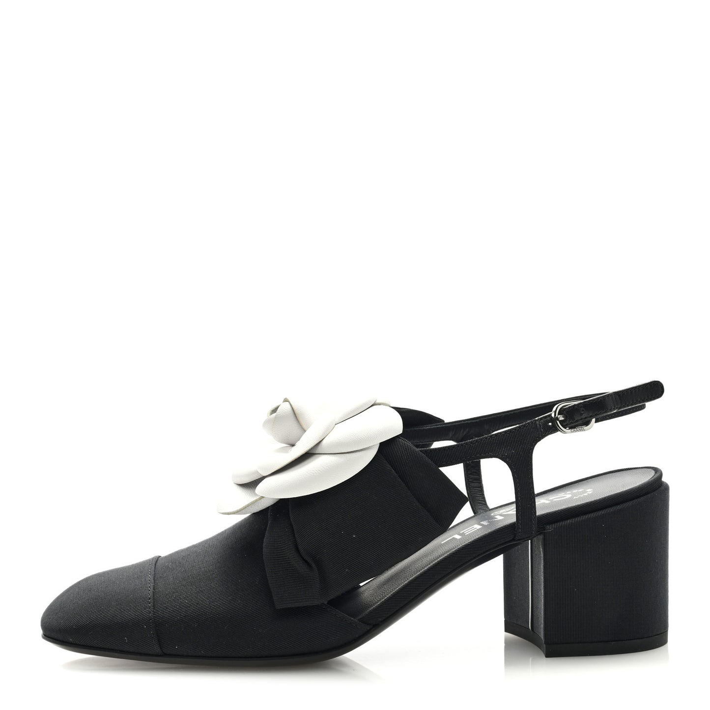 Shiny Fabric Grosgrain Cap Toe Camellia Bow Slingback Pumps 39 Black