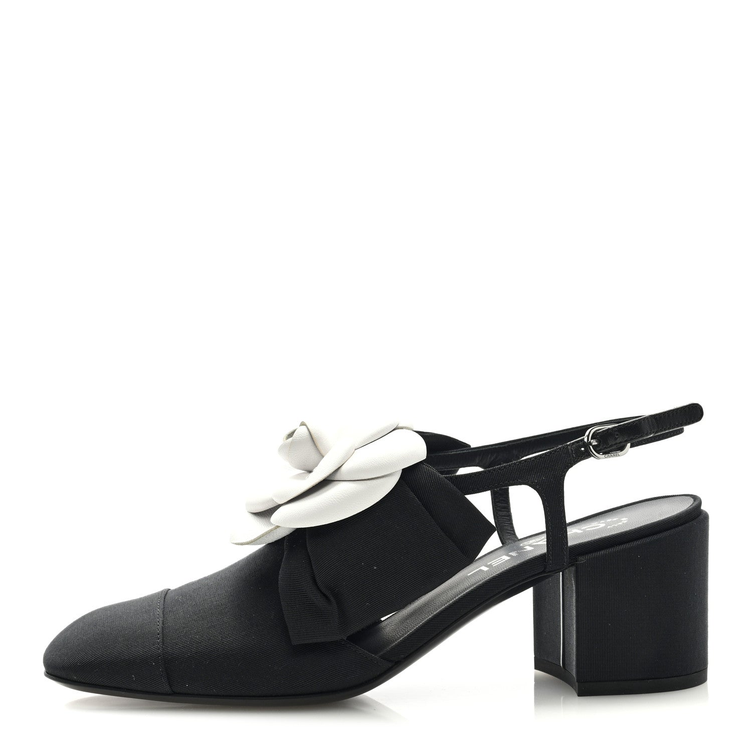 Chanel Shiny Fabric Grosgrain Cap Toe Camellia Bow Slingback Pumps 39 Black 1 of 9