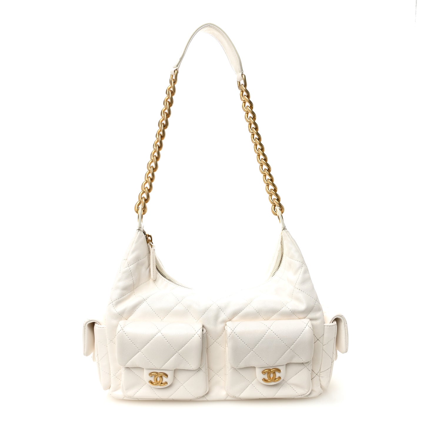 Shiny Lambskin Quilted Trendy Pockets Hobo White