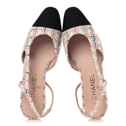 Chanel Tweed Grosgrain Cap Toe CC Slingback Flat 37.5 Pink Multicolor 2 of 10