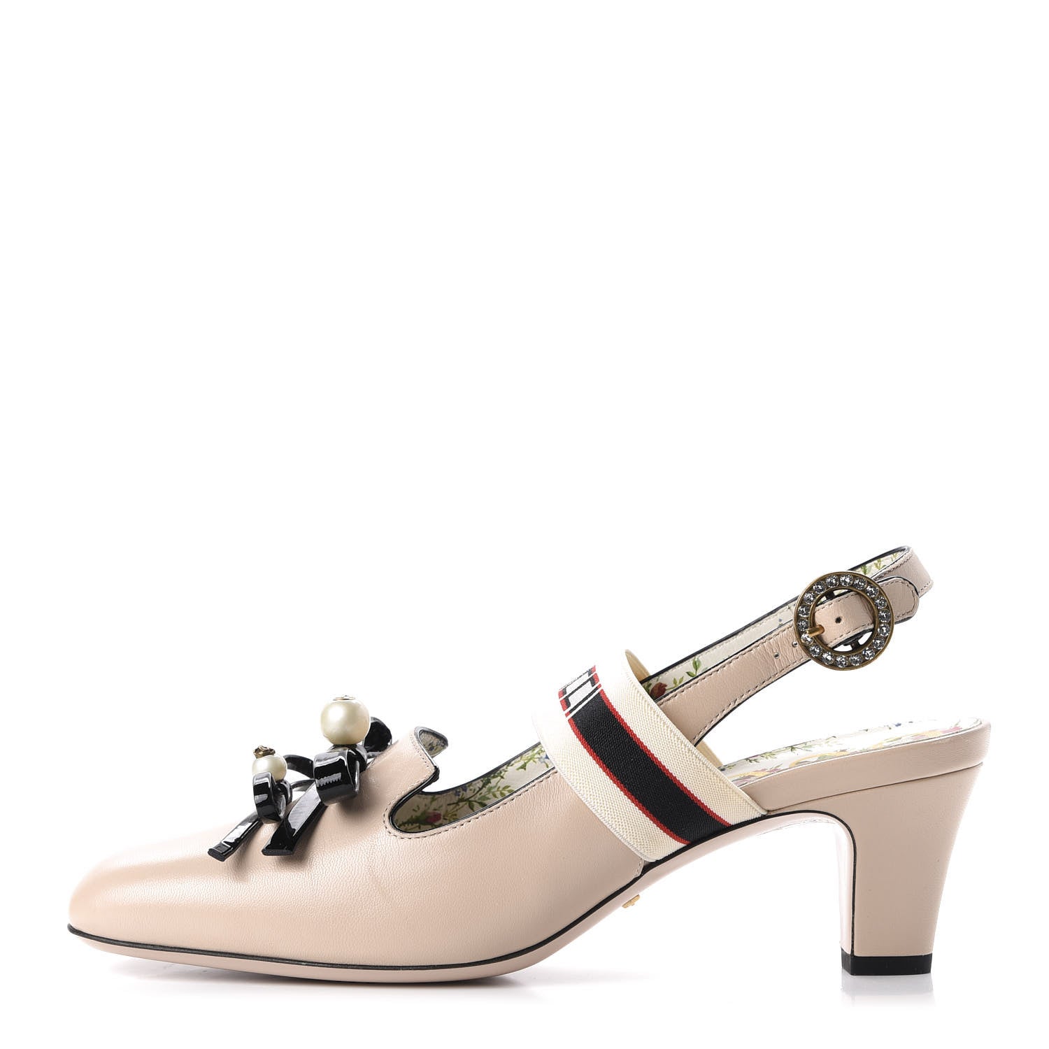 Gucci Malaga Kid Bow Ace Stripe Mid Heel Slingback Pumps 38.5 Beige 1 of 9