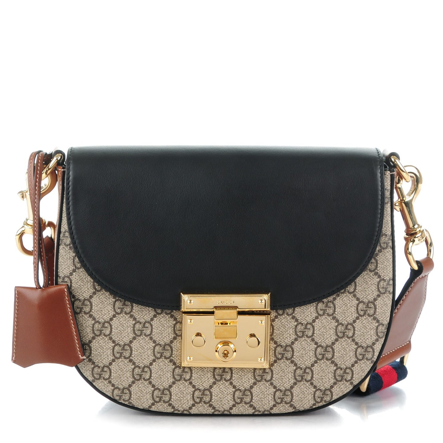 GG Supreme Monogram Web Medium Padlock Messenger Shoulder Bag Black