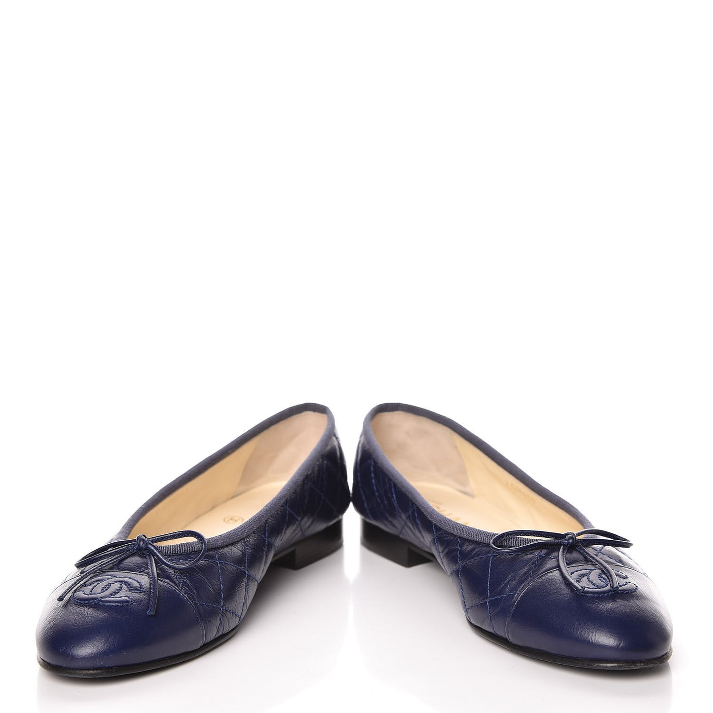 Aged Calfskin Quilted Cap Toe Ballerina Flats 37 Navy
