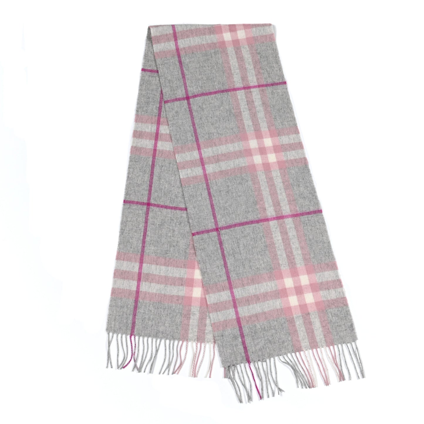 Cashmere Giant Check Fringe Scarf Grey Pink
