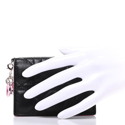 Christian Dior Lambskin Cannage Bi-Color Small Lady Dior Flap Card Holder Black Pink 2 of 7