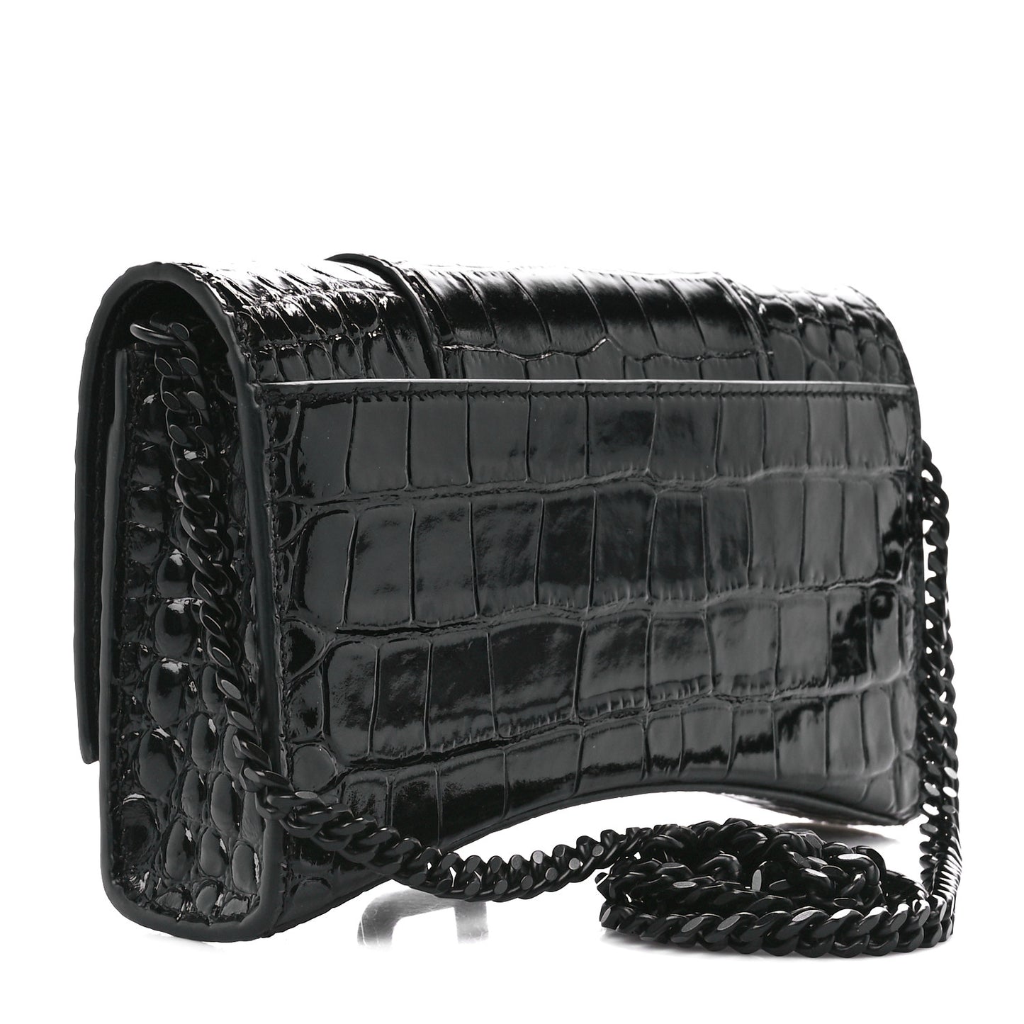 Shiny Calfskin Monochrome Crocodile Embossed Hourglass Chain Bag Black