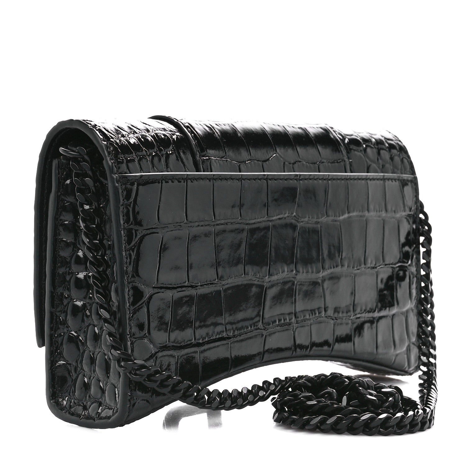 Balenciaga Shiny Calfskin Monochrome Crocodile Embossed Hourglass Chain Bag Black 3 of 10