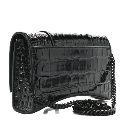 Balenciaga Shiny Calfskin Monochrome Crocodile Embossed Hourglass Chain Bag Black 3 of 10