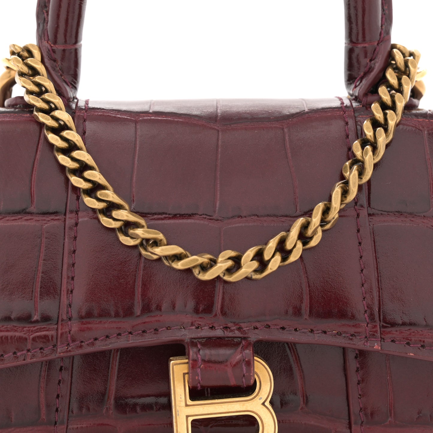Shiny Calfskin Crocodile Embossed Hourglass Top Handle Bag Mini with Chain Dark Red