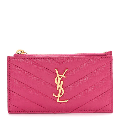 Saint Laurent Grain De Poudre Matelasse Chevron Monogram Fragments Zippered Card Case Fresh Fuxia 1 of 7