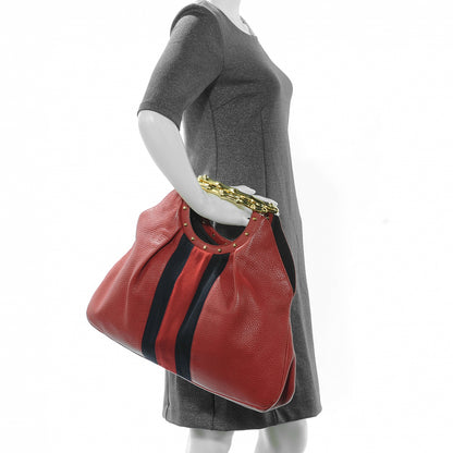 Gucci Leather Metal Bamboo Striped Tote Red 2 of 8