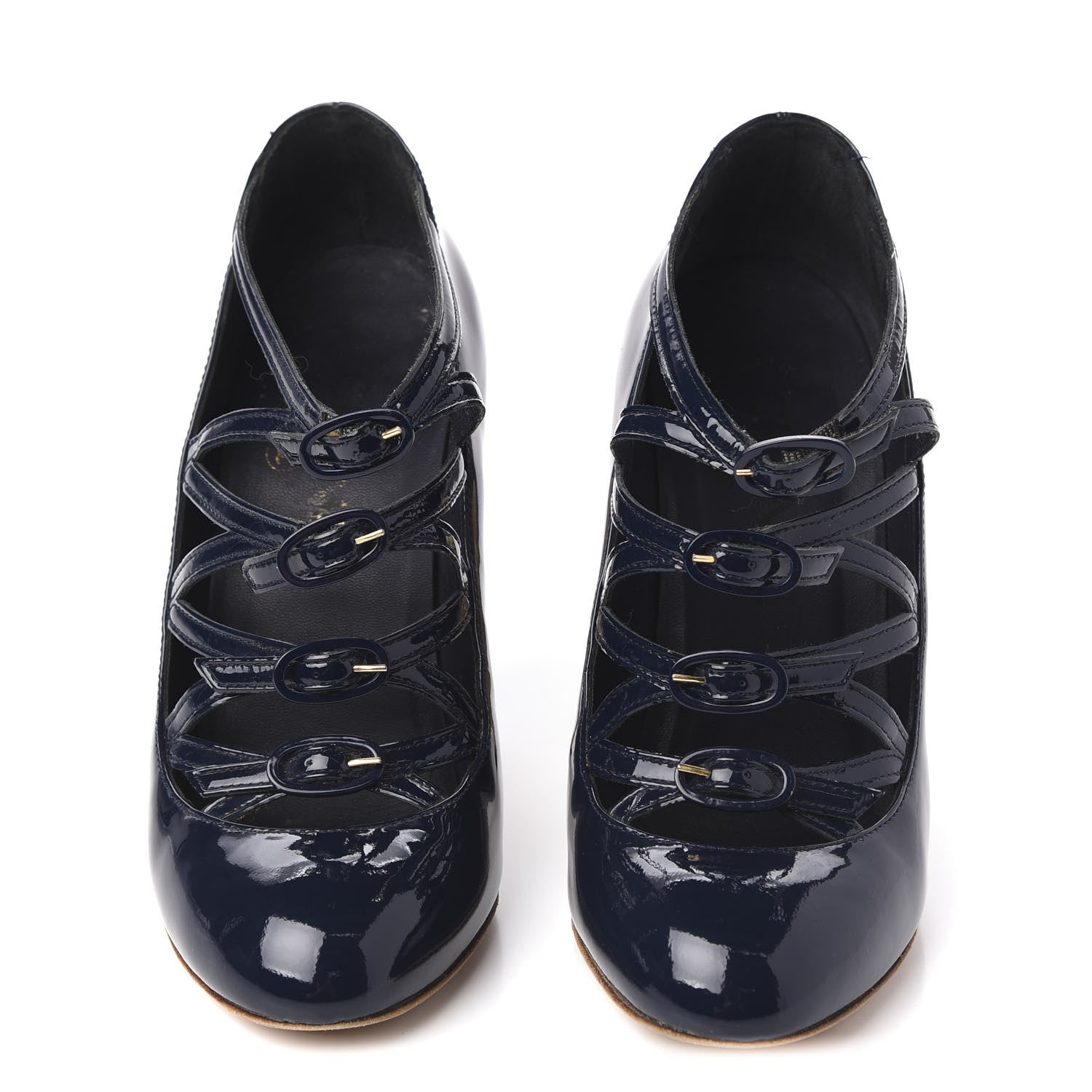 Chanel Patent Calfskin Quilted CC Strap Pumps 35 Navy Gold 2 of 10
