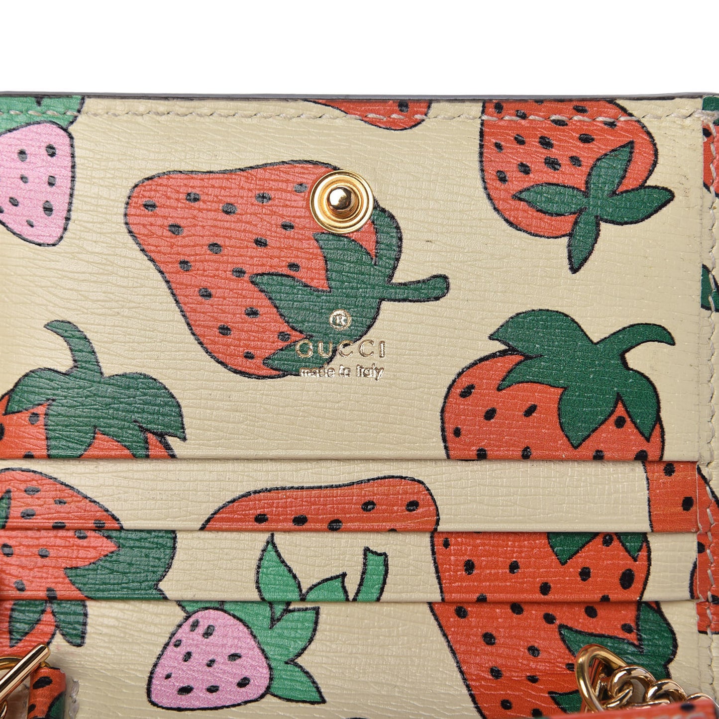 Calfskin Strawberry Print Zumi Chain Card Case Wallet Ivory Red