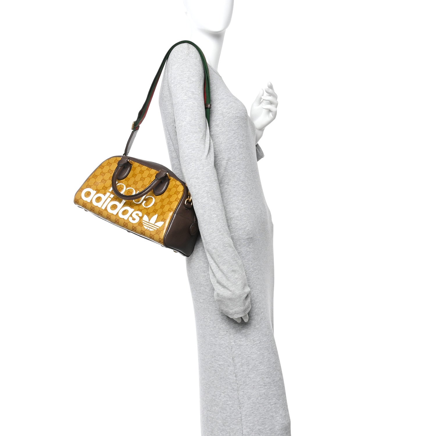 Gucci X ADIDAS Crystal Vintage Monogram Textured Dollar Calfskin Web Trefoil Logo Mini Bowling Bag Mid Natural Nut Off White New Acero 2 of 10