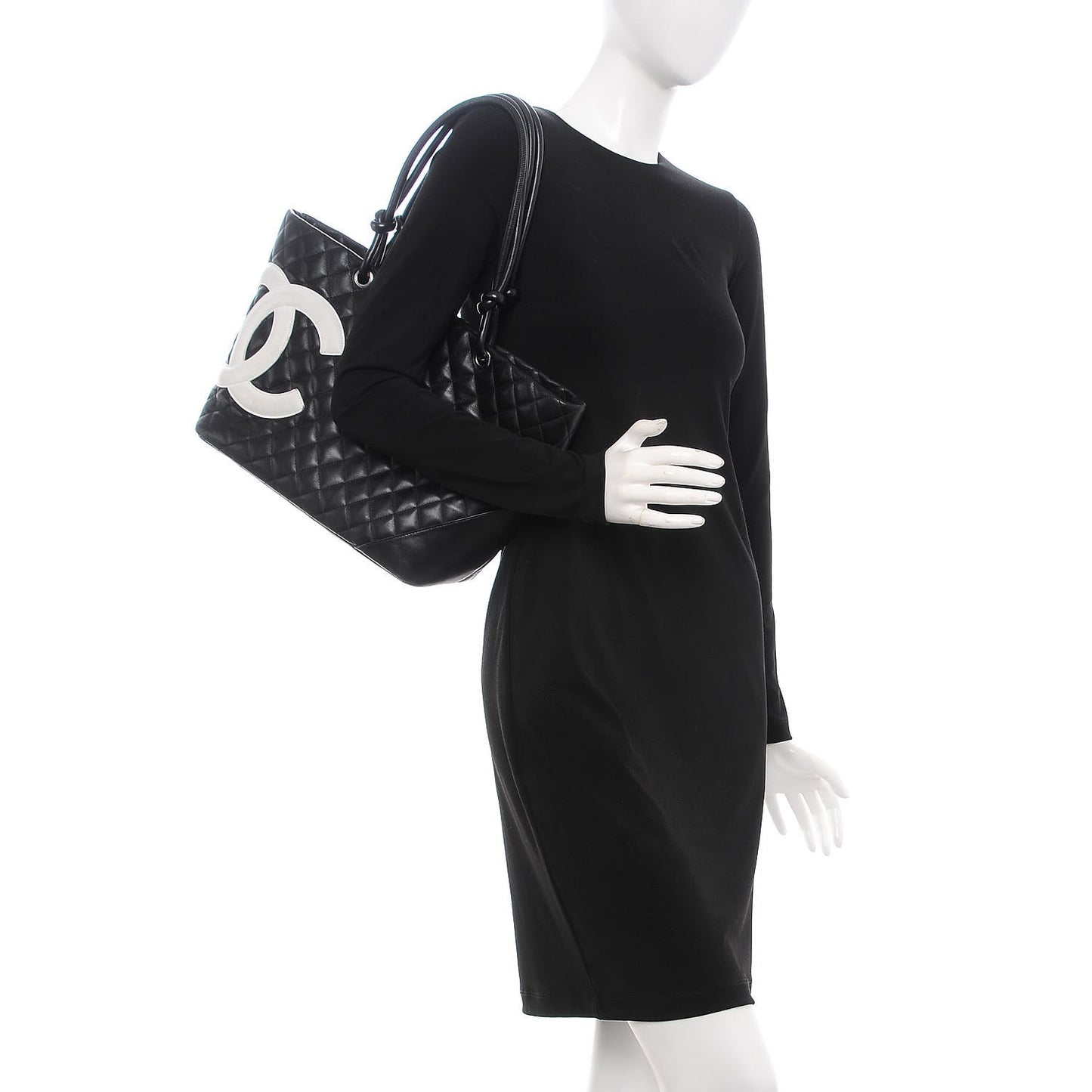 Calfskin Quilted Large Cambon Tote Black White