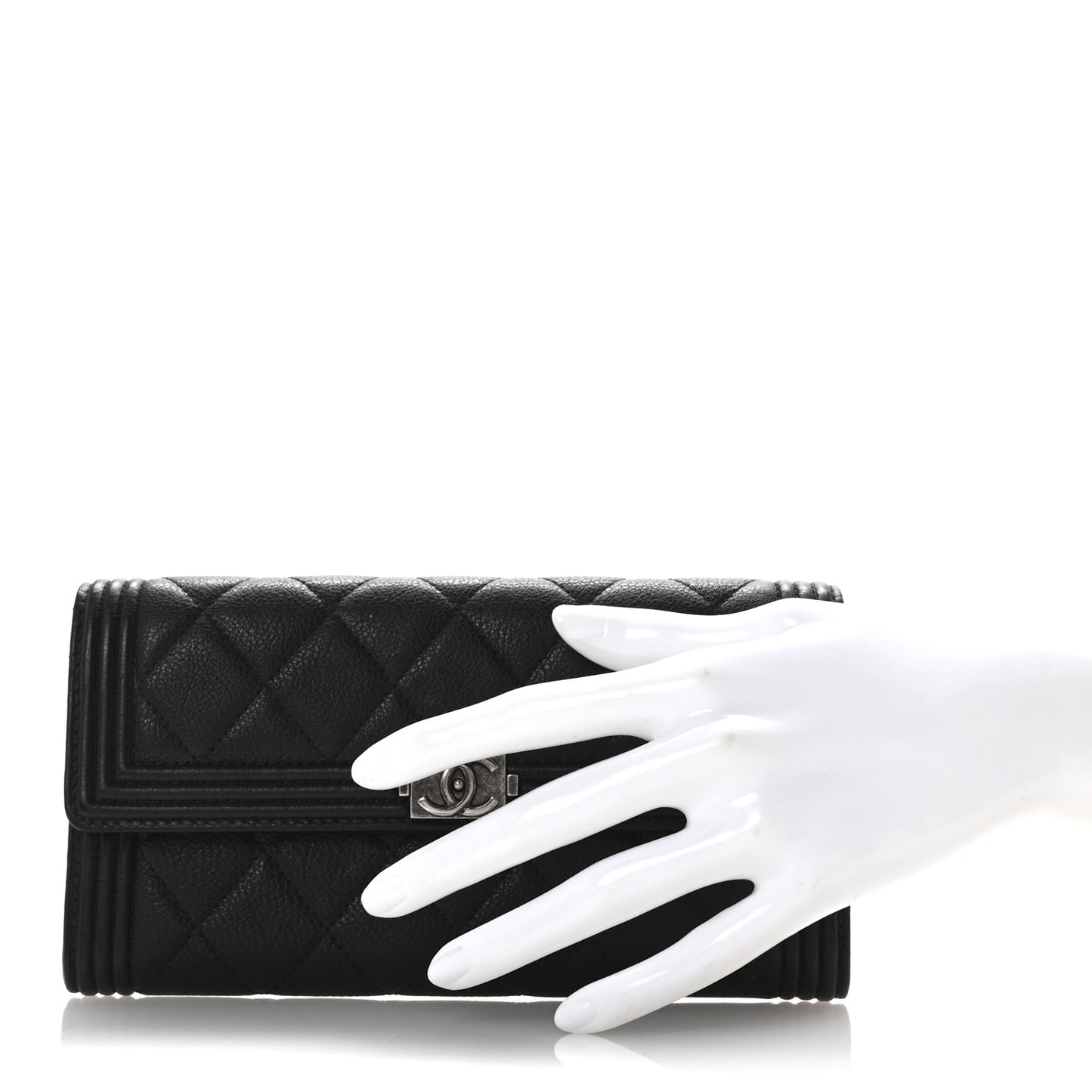 Calfskin Quilted Large Boy Gusset Flap Wallet Black