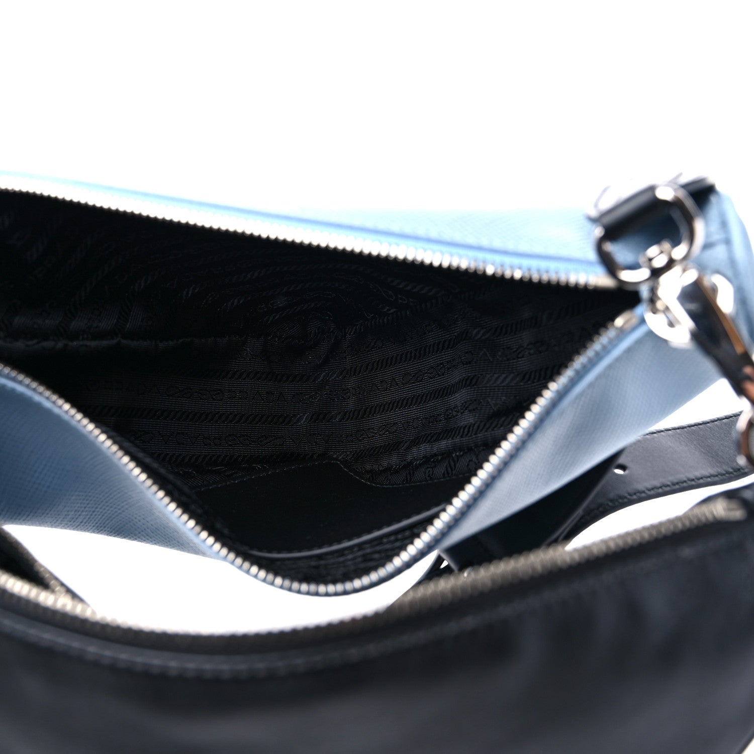 Prada Vitello Saffiano Cuir Double Triangle Shoulder Bag Black Celeste 7 of 11