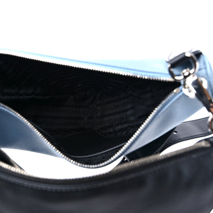 Prada Vitello Saffiano Cuir Double Triangle Shoulder Bag Black Celeste 7 of 11