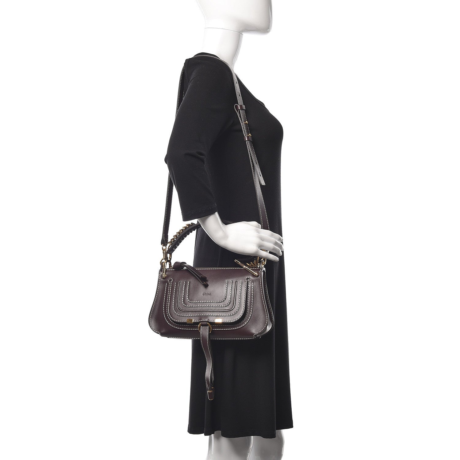 Chloe Shiny Calfskin Small Marcie Saddle Shoulder Bag Black Raisin 2 of 11