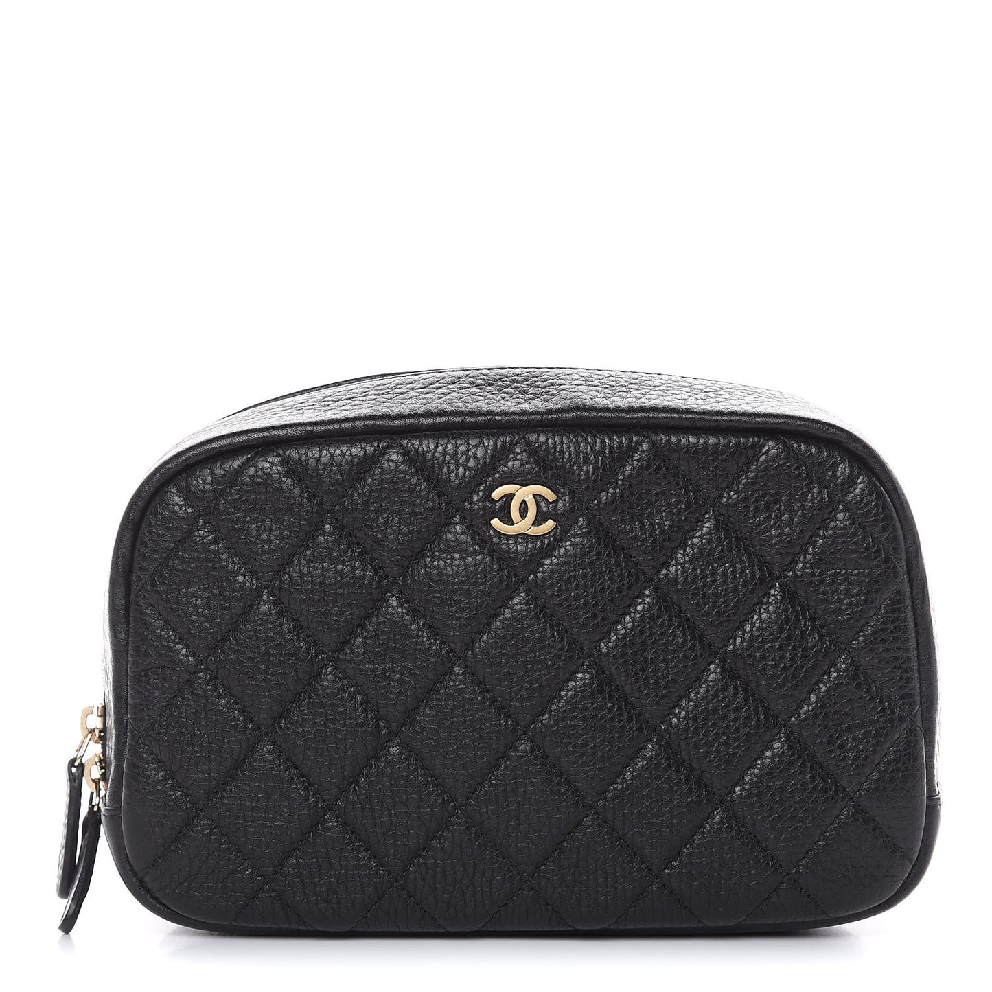 Grained Calfskin Quilted Medium Curvy Pouch Cosmetic Case Black