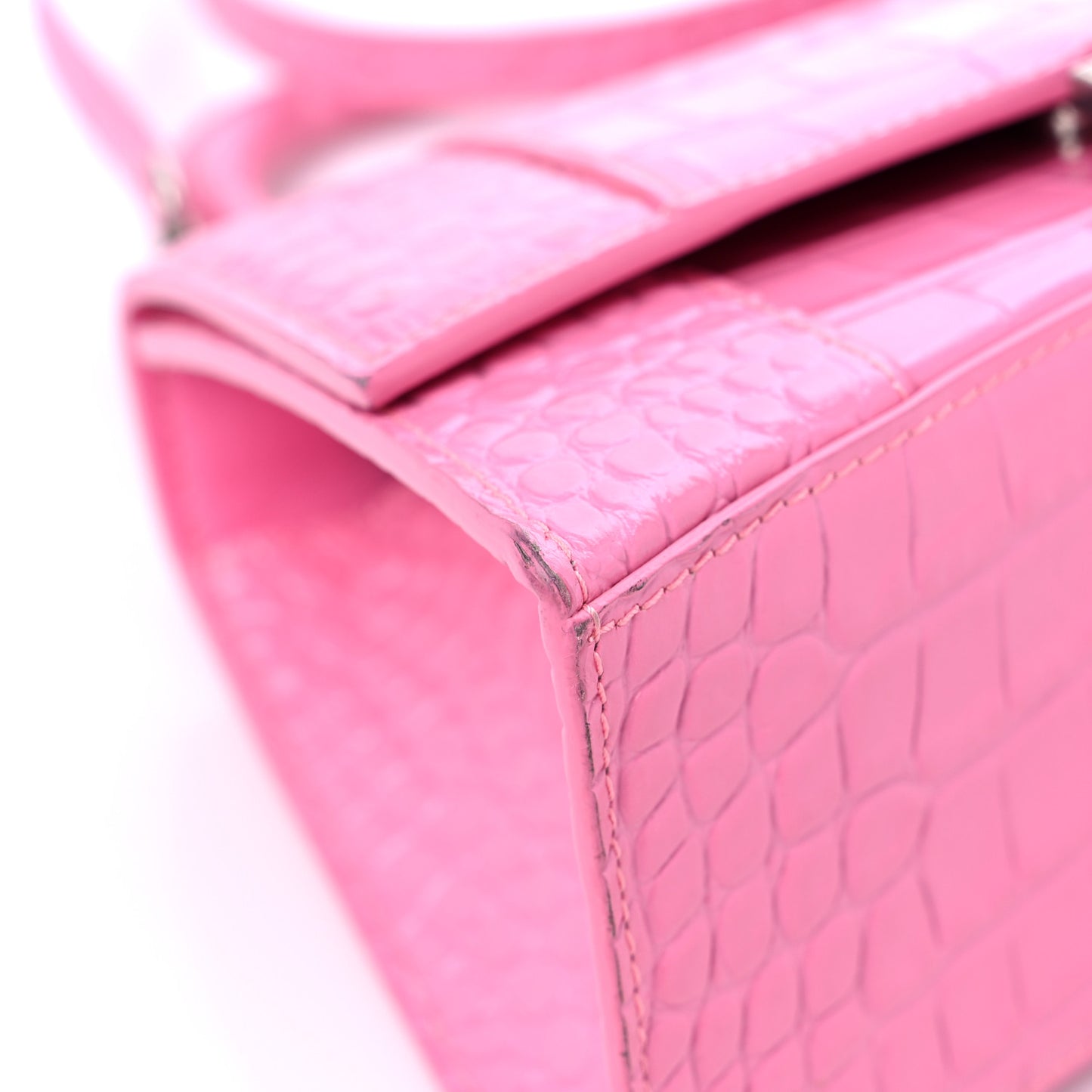 Shiny Calfskin Crocodile Embossed Small Hourglass Top Handle Bag Baby Pink