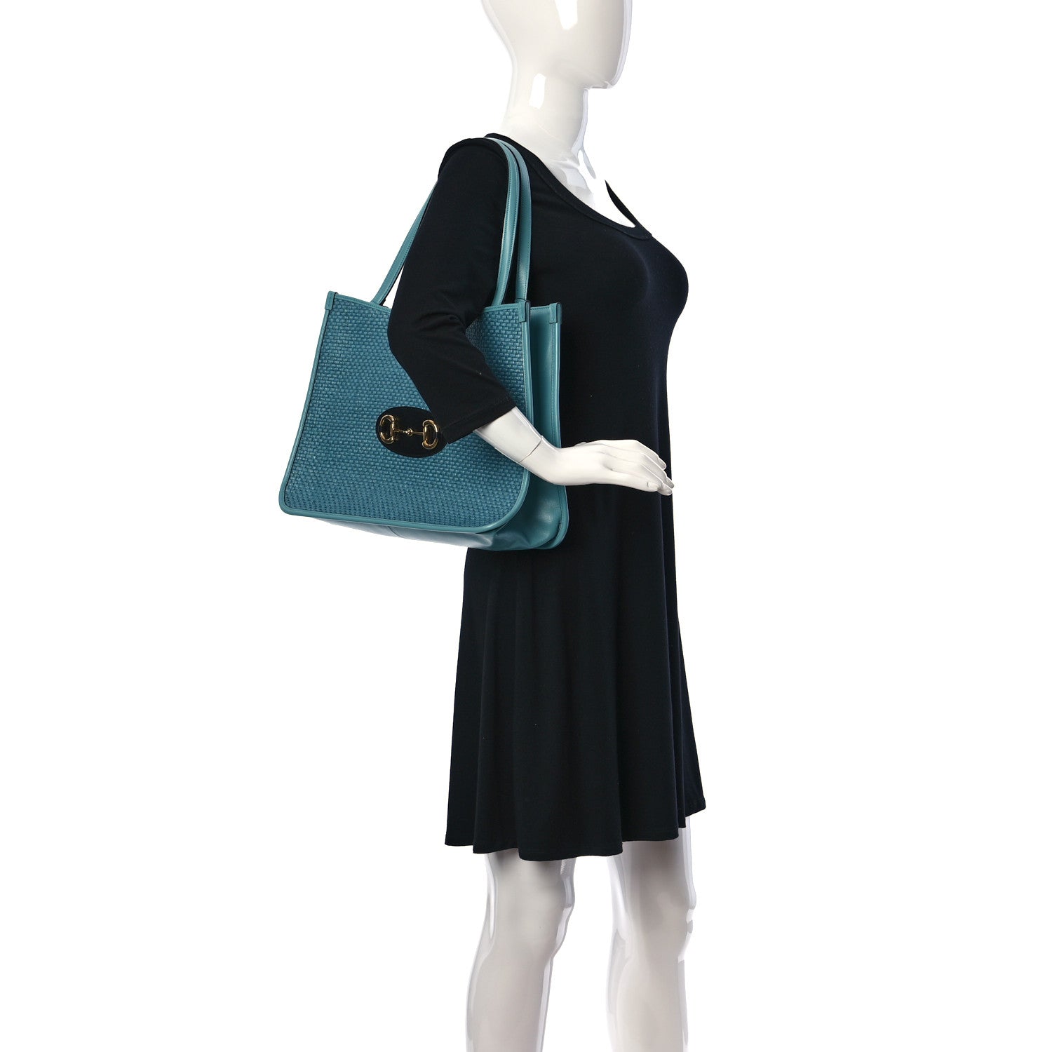 Gucci Straw Azalea Calfskin Horsebit 1955 Tote Bag Dusty Azure Black 2 of 10
