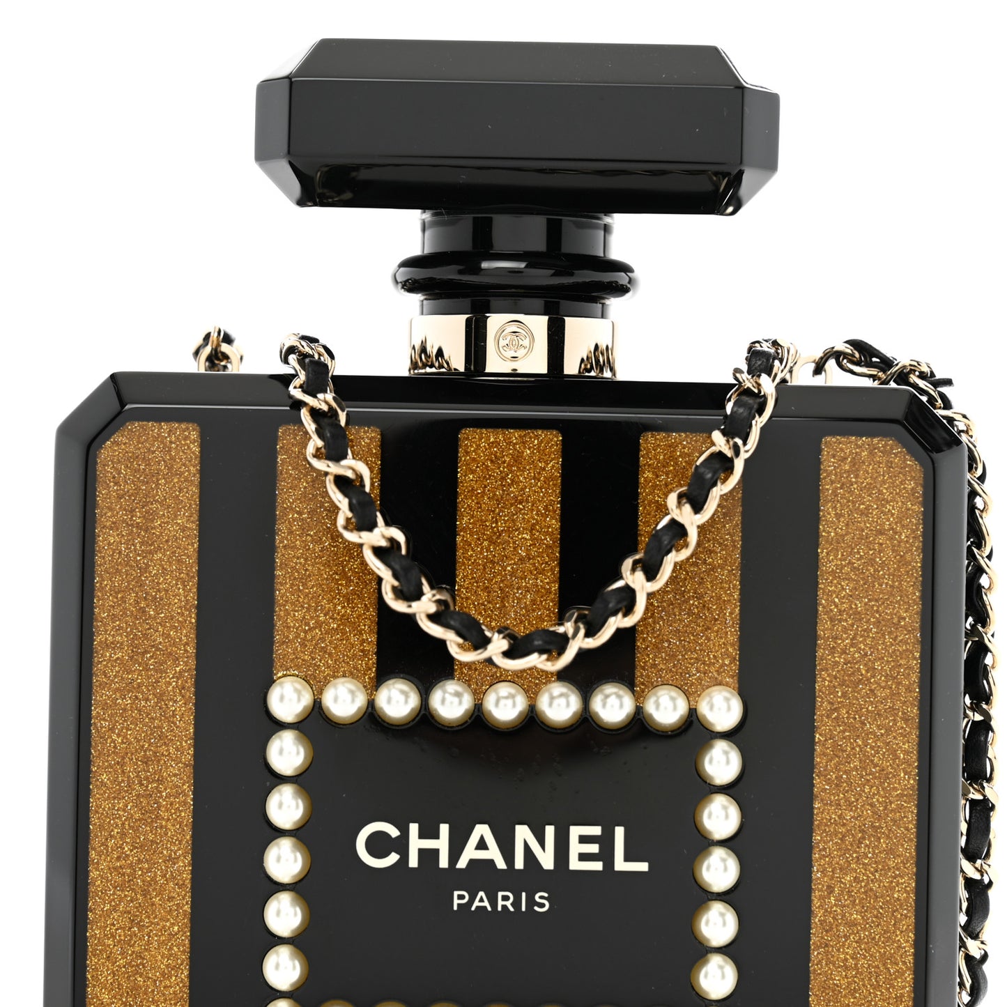 Plexiglass Perfume Bottle Clutch Black Gold