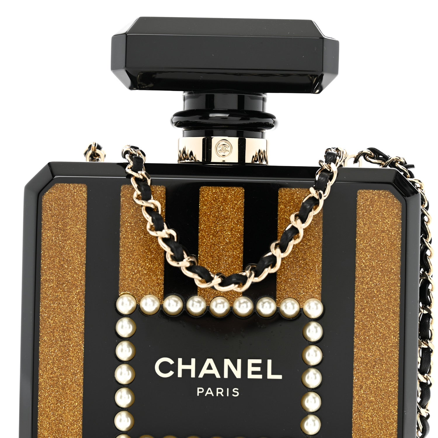 Chanel Plexiglass Perfume Bottle Clutch Black Gold 8 of 11