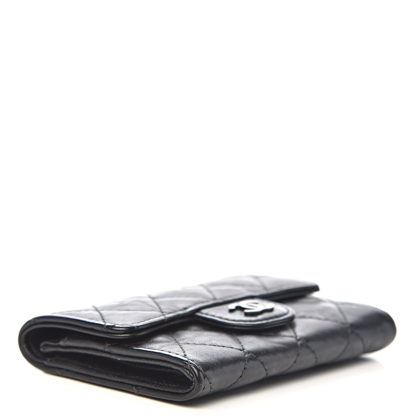 Crumpled Calfskin Quilted Flap Card Holder Wallet So Black